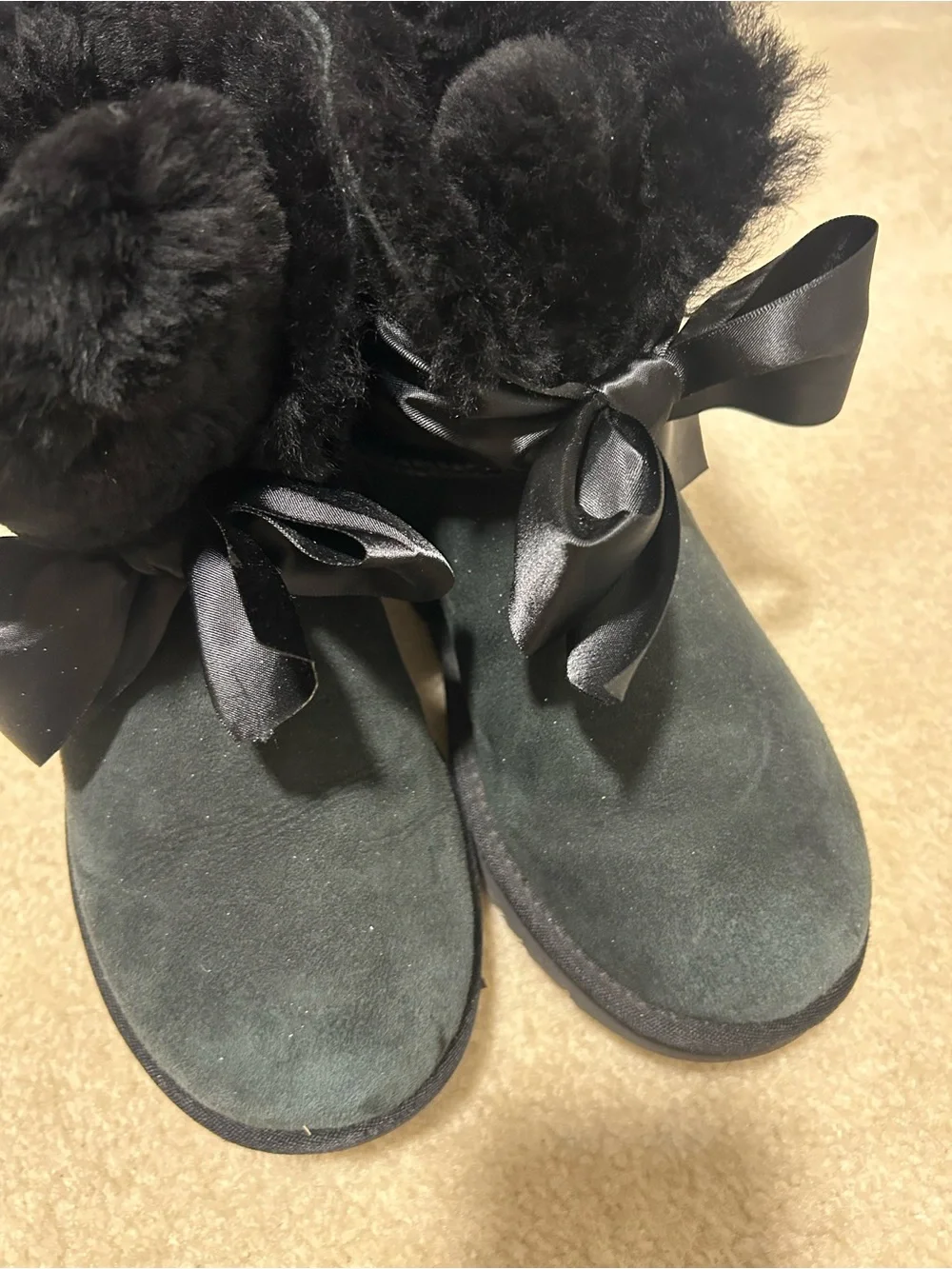 UGG Black Suede Ankle Boots with Faux Fur Cuff & Satin Bow